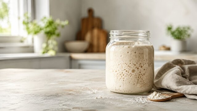 Yeast sourdough starter in a glass jar on a kitchen countertop with flour and a wooden spoon, surrounded by a light and airy kitchen setting
