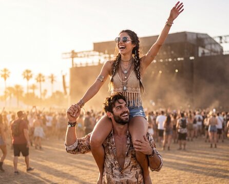 Happy young woman sitting on a man's shoulders at an outdoor music festival during sunset