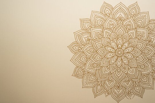 Elegant golden mandala floral design on light beige background with intricate symmetrical patterns on right side, perfect for abstract backgrounds. Ai generative