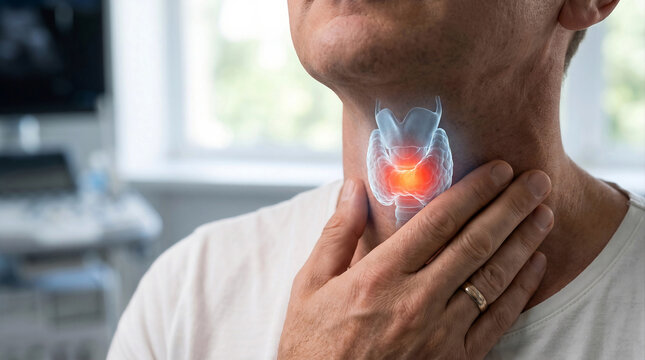 Man Suffering From Thyroid Pain With Thyroid Gland Anatomy Overlay and Endocrine Health Concept