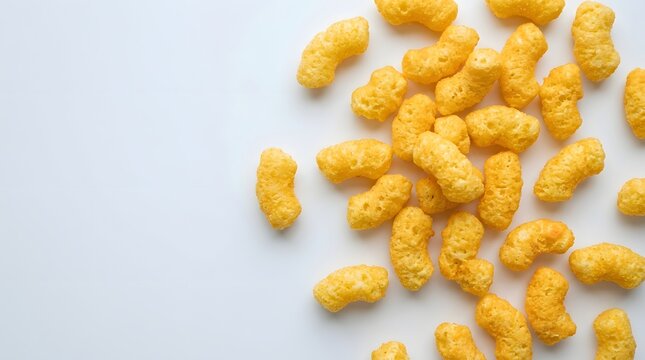 Scattered Cheese Puffs on White Background, Snack Food Close-Up, Isolated, Minimalist View, Bright Studio Setting
