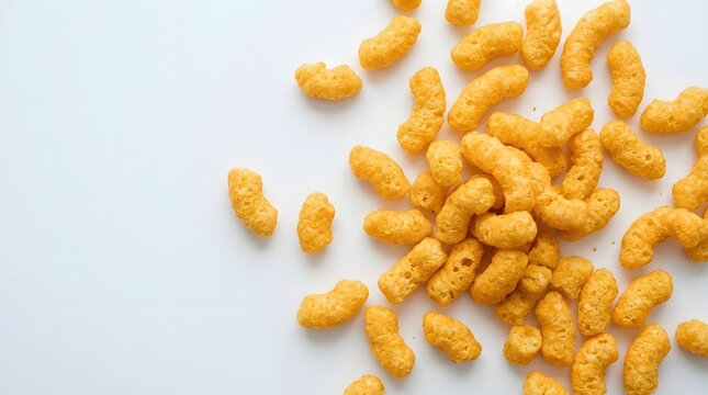 Close-up of Crunchy Snack Puffs Scattered on White Surface with Bright Lighting and Minimalist Background