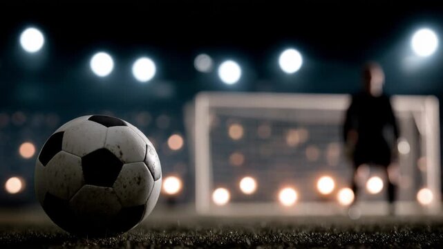 Exciting moment as players prepare for a penalty kick at night during a soccer match in a well-lit stadium