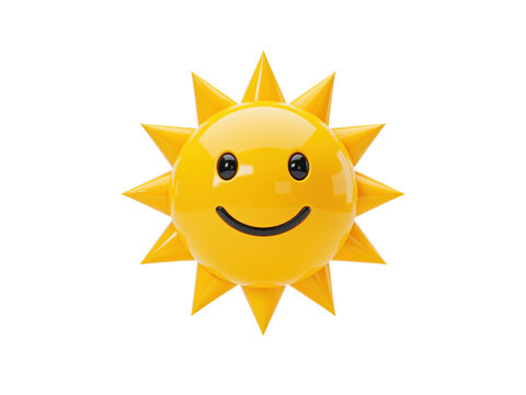 Yellow 3d smiling sun emoji cheerful mood symbol, isolated on transparent background