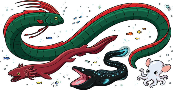 Collection of deep sea creatures including eels and octopus in a colorful cartoon illustration