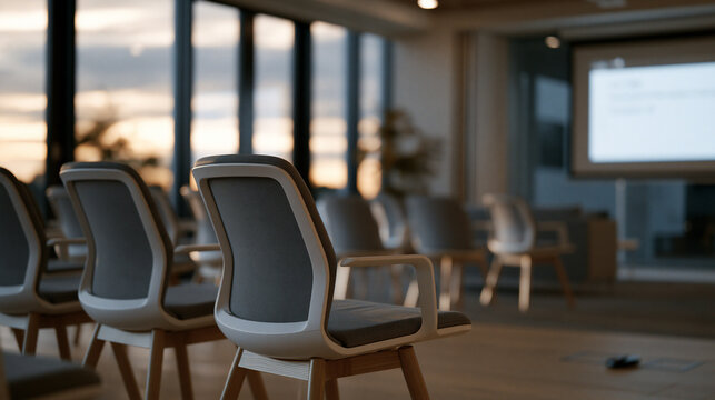 Rows of empty ergonomic chairs face an abandoned presentation screen still showing a failed demo slide in a glass-walled conference room at dusk, a forgotten clicker on the floor