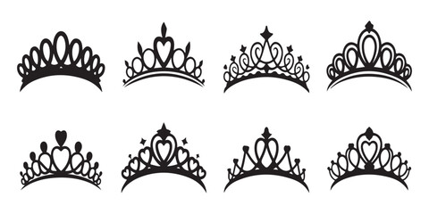 Assortment of stylish tiaras and crowns adorned with hearts and sparkling gems. © Md