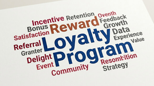 Word cloud about loyalty programs, featuring terms like "reward", "loyalty", "program", "incentive", and "retention", showcasing business strategy concepts