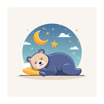 Cute sleeping bear under moon and stars illustration