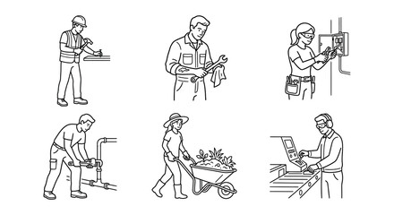 Obraz premium Line Art Worker Icons With Tools Black And White Illustration