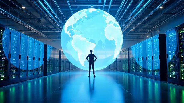 Person standing in server room with globe