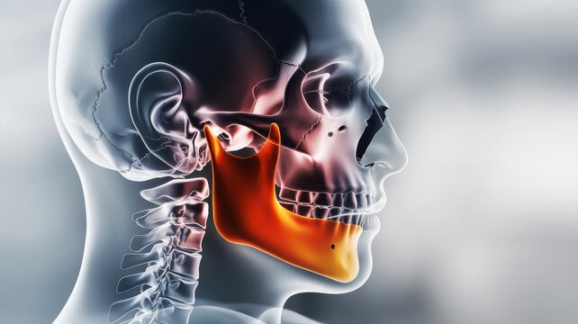 Medical illustration of a human skull with the mandible bone highlighted in orange
