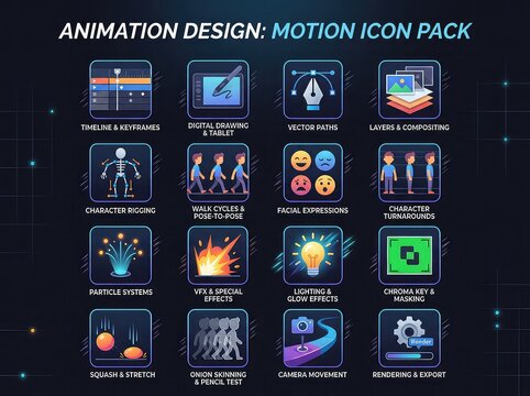 Animation design motion icon pack set for video production and graphic design