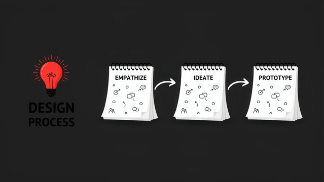Design thinking process diagram with empathize ideate and prototype notepad steps