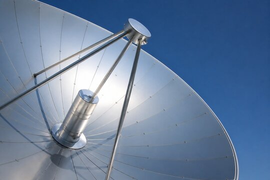 Silver concave surface of a satellite dish forming a parabolic shape, geometric industrial design.
