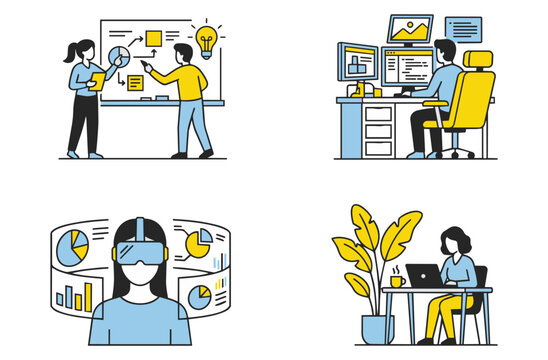 Collection of business analysis and workplace productivity illustrations with people interacting with data charts and working at desk with multiple computer screens and virtual gear.eps