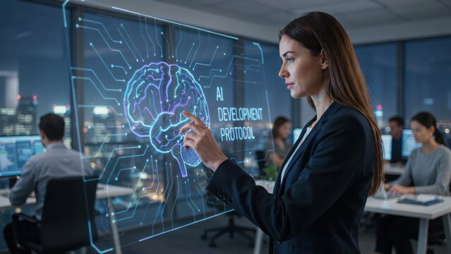 Businesswoman working with holographic artificial intelligence brain in dark office