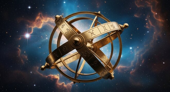 Golden armillary sphere, astronomy instrument, celestial navigation, space exploration