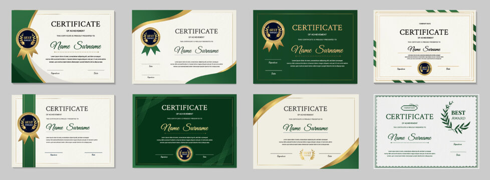 Green and gold certificate template set. Eight elegant horizontal vector diplomas with emerald geometric shapes and gold seals. Layouts for business appreciation and graduation awards.