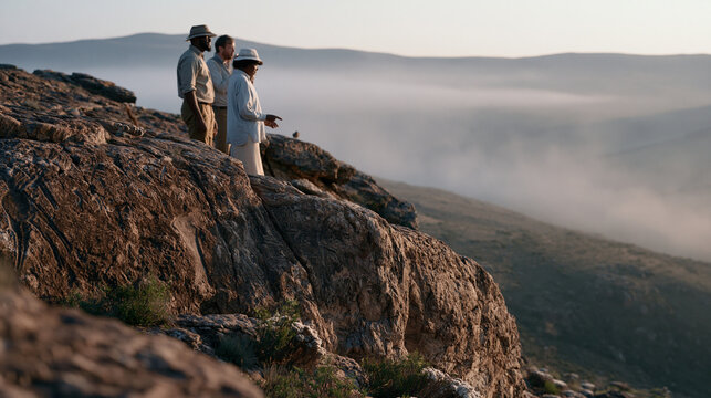 Archaeologists and local community elders standing together at a newly discovered petroglyph site, elders pointing to symbols on rock face while researchers photograph, early