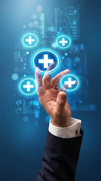 Hand reaching for glowing plus signs in a digital interface, symbolizing growth, positive choices, and progress in technology or business.