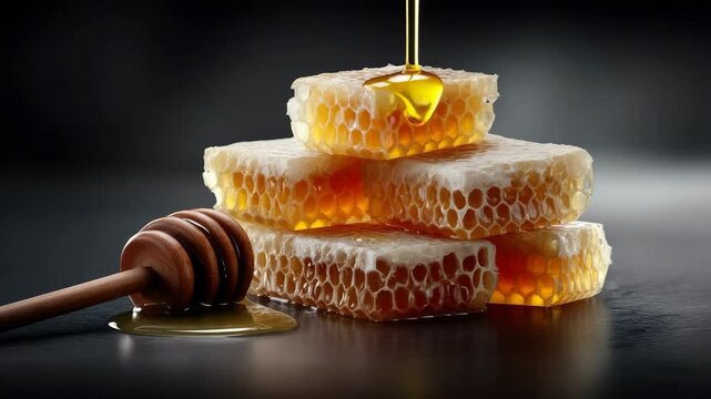 Watch honey dripping from a honeycomb stack as it creates a sweet and sticky pool on a dark table