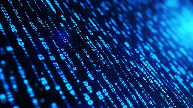 Glowing blue binary code streams flowing vertically across a dark digital screen to represent abstract data and complex computing concepts