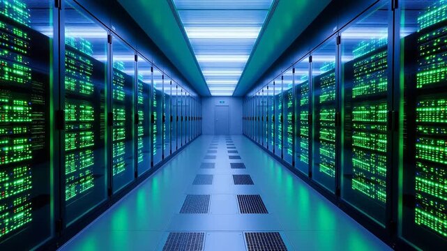 Server room with illuminated racks