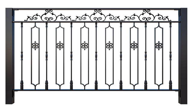 Black wrought iron fence panel design with decorative metal spindles on transparent background isolated cutout object.