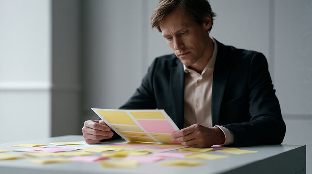 Trembling hands grip a color-coded pitch deck at a minimalist podium, sweat-dampened notes scattered across a bare white table, fluorescent light overhead casting harsh shadows on
