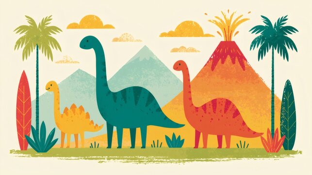 Dinosaurs walking in prehistoric landscape with erupting volcano