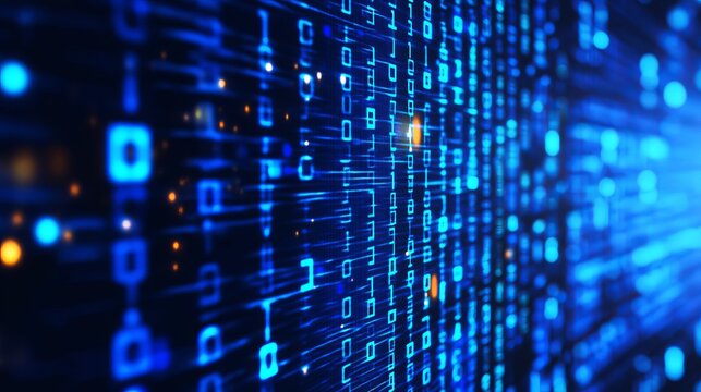Glowing blue binary code streams flowing through a dark digital cyberspace background featuring sharp focus and soft bokeh light effects