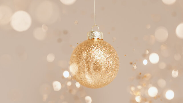 Gold glittering Christmas bauble hangs amid luminous soft bokeh. Luxury corporate New Year celebration background template. 3d rendering