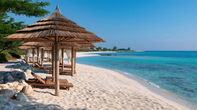 Resort beach with thatch umbrellas and turquoise ocean