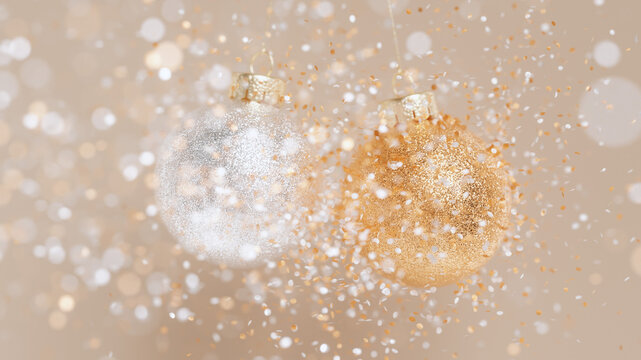 Silver and gold festive Christmas baubles with sparkling confetti burst. Luxurious New Year celebration 3d rendering background