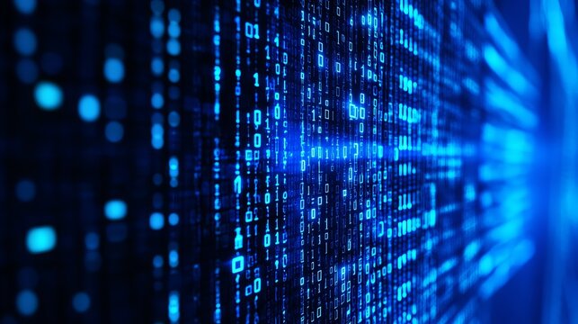 Abstract glowing blue binary code streams flowing vertically across a dark digital screen representing modern data processing and information technology