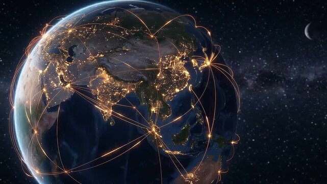 Global digital network connectivity technology concept showing illuminated earth with glowing connection lines representing seamless global communication and vibrant digital interaction across globe