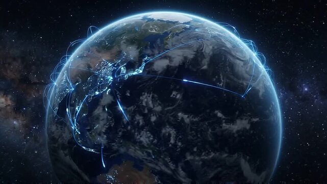 Global digital network connectivity technology illuminate earth from space showing bright connection points and lines representing worldwide communication and data exchange creating glowing map