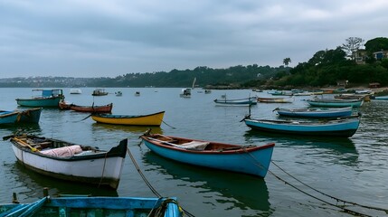 Obraz premium A serene view of a cool harbor with anchored boats showcasing intricate patterns and rich colors on the water