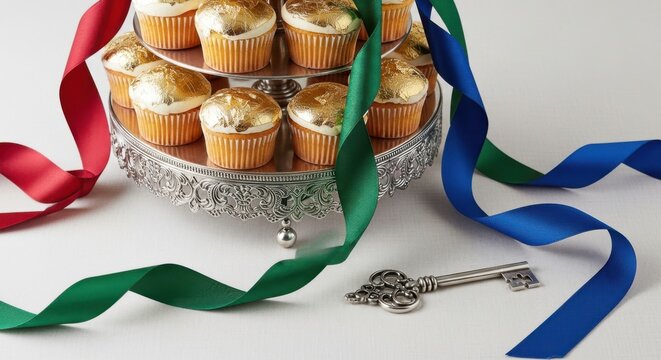 Cupcakes on a tiered server, with ribbons and a key, party dessert