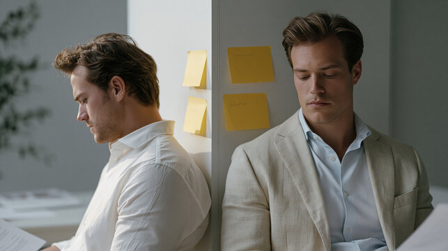 Two co-founders sit back to back on opposite sides of a minimalist studio wall, each reviewing conflicting investor decks, body language rigid, post-it notes on each side bearing