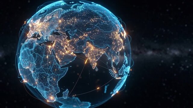 Global digital network technology connectivity concept illuminating earth with glowing connection points and bright lines representing worldwide communication data exchange on globe