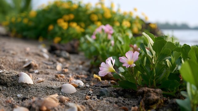 A soothing worm s eye view captures the intricate patterns of beach shells and lush greenery meeting a tranquil sandy shore