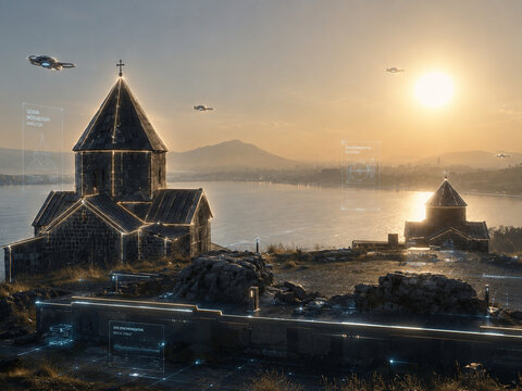 Futuristic monastery landscape at Lake Sevan Armenia during golden sunset