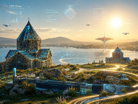 Ancient Armenian church with holographic AI interface above Lake Sevan