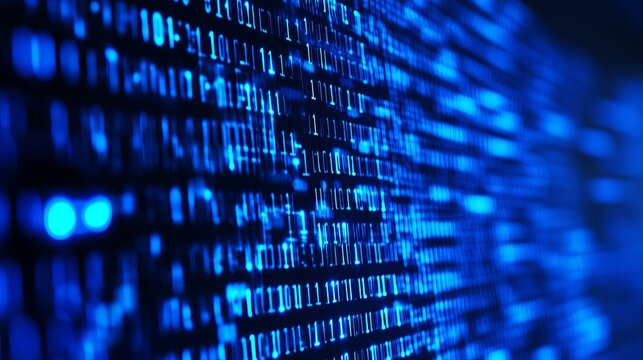 Bright blue digital binary code glowing on a dark screen representing data stream technology and information security in modern computing