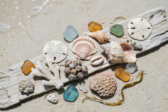 A weathered piece of driftwood covered with a collection of seashells, sand dollars, sea glass, and coral fragments resting on wet beach sand
