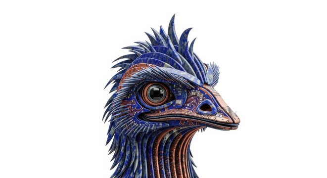 Vibrant, colorful emu head, blue and orange feathers, bird portrait