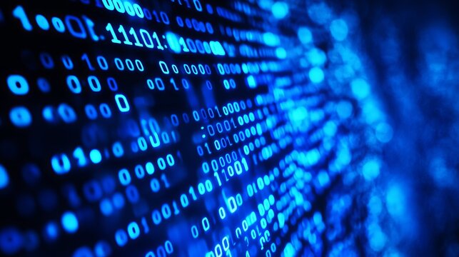 Bright blue digital binary code glowing on a dark screen representing data stream technology with a beautiful depth of field