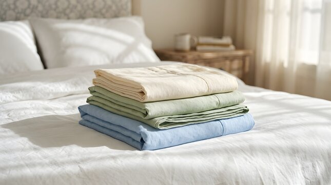 Folded pastel bedsheets stacked on white bed in bright bedroom interior, lifestyle home textile setup, soft natural light